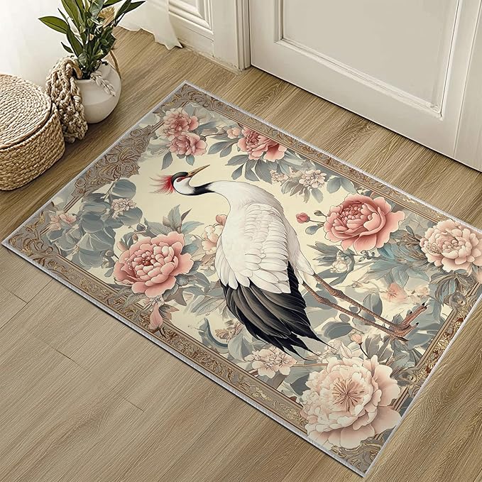 2x3 Crane Area Rugs Boho Japanese Crane Floral Rug for Bathroom Kitchen Entryway Indoor Soft Non-Slip Thin Hippie Carpet Small Beige Doormat for Office Dining Room Under Table Washable Machine