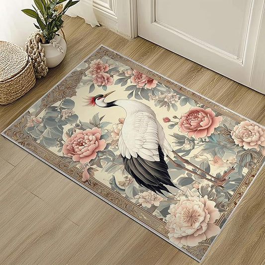 2x3 Crane Area Rugs Boho Japanese Crane Floral Rug for Bathroom Kitchen Entryway Indoor Soft Non-Slip Thin Hippie Carpet Small Beige Doormat for Office Dining Room Under Table Washable Machine