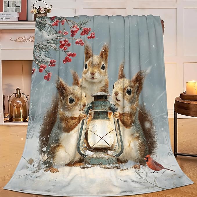 Squirrel Blanket Gifts for Girls Boys Christmas Winter Throw Blankets Cozy Plush Fleece Flannel Fuzzy for Women Men Decor 60"X50"
