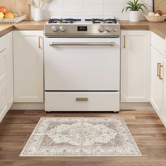 2x3 Washable Entryway Rug: Non-Slip Soft Indoor Throw Small Vintage Floral Area Rug for Kitchen Bedroom, Low Pile Durable Carpet for Front Door Porch Floor Doormat Home Decor (Brown/Beige)