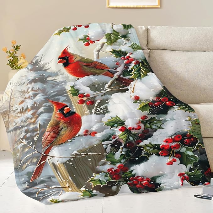 Dynova Christmas Bird Blanket Cozy Plush Red Birds Lovers Throw Blankets Fuzzy Flannel Fleece Winter Gifts for Girls Boys Women Men 60"X50"