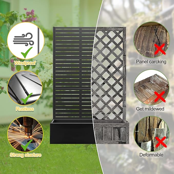 FENCY Metal Raised Garden Bed with Trellis, Metal Planter Box with Trellis, Garden Box for Climbing Plants Vegetable, 35" Lx16 Wx71 H Garden Bed with Drainage Holes(Black-Louvered)