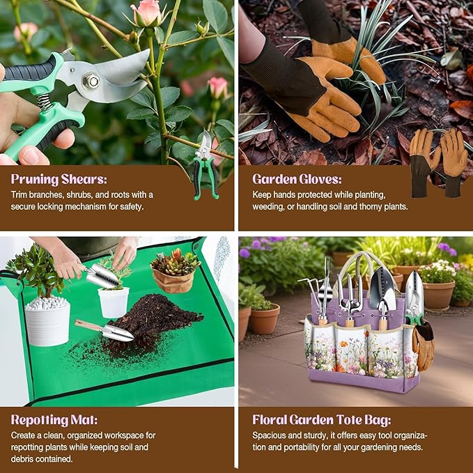 Gardening Tools Set 9-Piece Heavy-Duty Gardening Gifts for Women Mom Wife Gardening Hand Tools with Purple Floral Tote Bag and Repotting Mat, halilus Stainless Steel Garden Supplies Kit