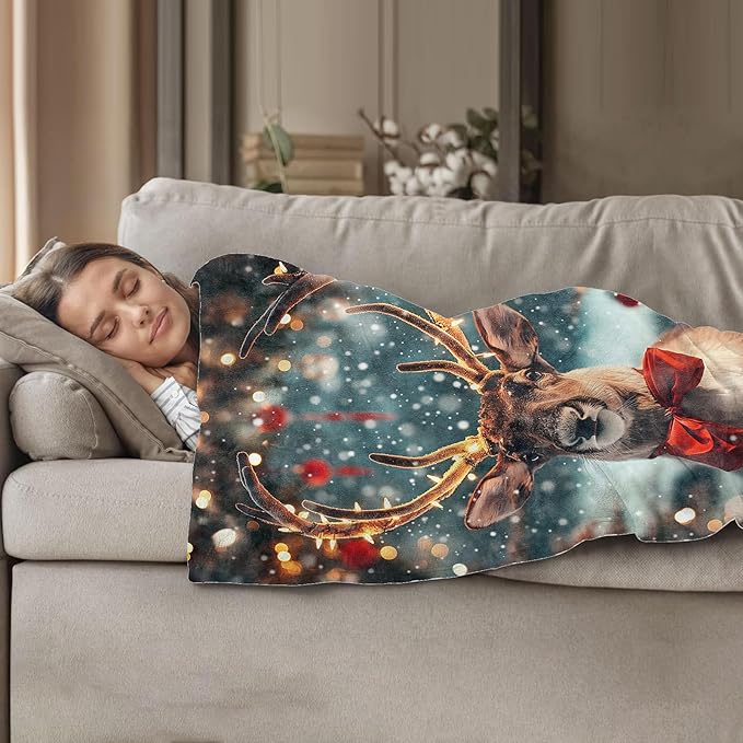 Reindeer with Bow Throw Blanket 60"x80", Christmas Reindeer Blankets for Living Room Bedroom Decor, Soft Flannel Polyester Warm Cozy Gifts for Kids Adults