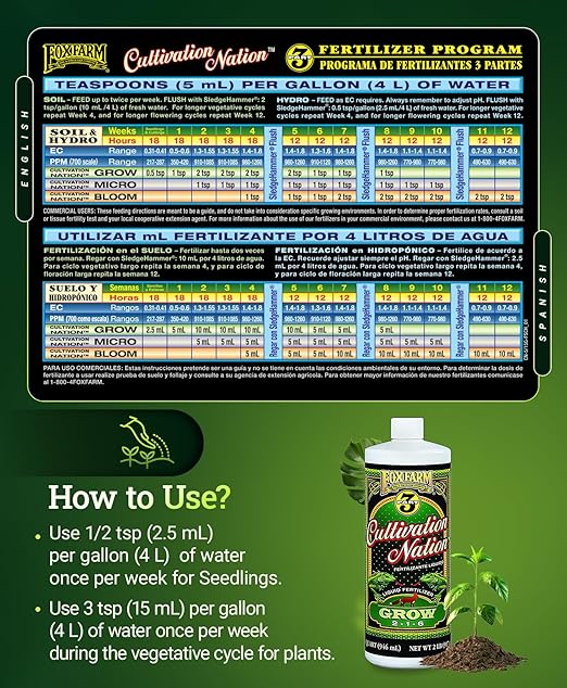 FoxFarm Cultivation Nation Grow Fertilizer - Formula for Optimal Vegetative Growth, Perfect for Soil, Soilless Media, Hydroponics & Aeroponics - Part 1 of 3-Part Feeding Program- NPK 2-1-6 (Quart)
