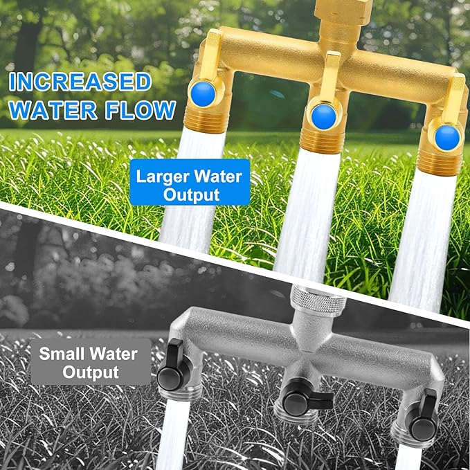 Garden Hose Splitter Full Flow, 3 Way Heavy Duty Outdoor Brass Hose Splitter with Metal Shutoff Valve and Long Handle Outdoor Faucet Diverter, 3/4" GHT Threads，Water Flow Increase