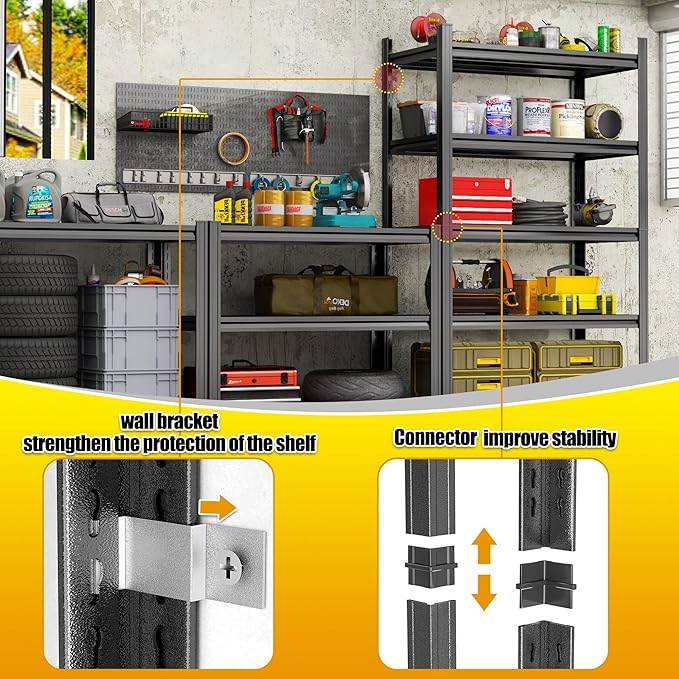 63''Storage Shelves, Garage Metal Shelving Unit, Adjustable, Double-Layer Column with Reinforced Ribs, Heavy-Duty, Capable of Bearing 3000 lbs, Suitable for Garage, Warehouse, Kitchen Storage