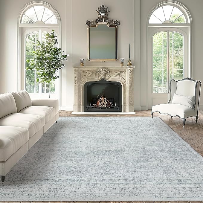Madane 9x12 Area Rugs for Living Room, Machine Washable Rug with Anti-Slip Backing, Soft Vintage Large Area Rug, Floral Print Floor Carpet for Bedroom Dining Room (9 x 12, Light Grey)