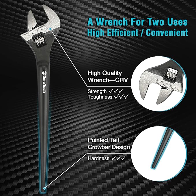 DURATECH 8-Inch Adjustable Construction Spud Wrench, Black Oxide Finish, CR-V Steel, SAE and Metric Scale Marked, Alignment Holes and Tail Crowbar Features