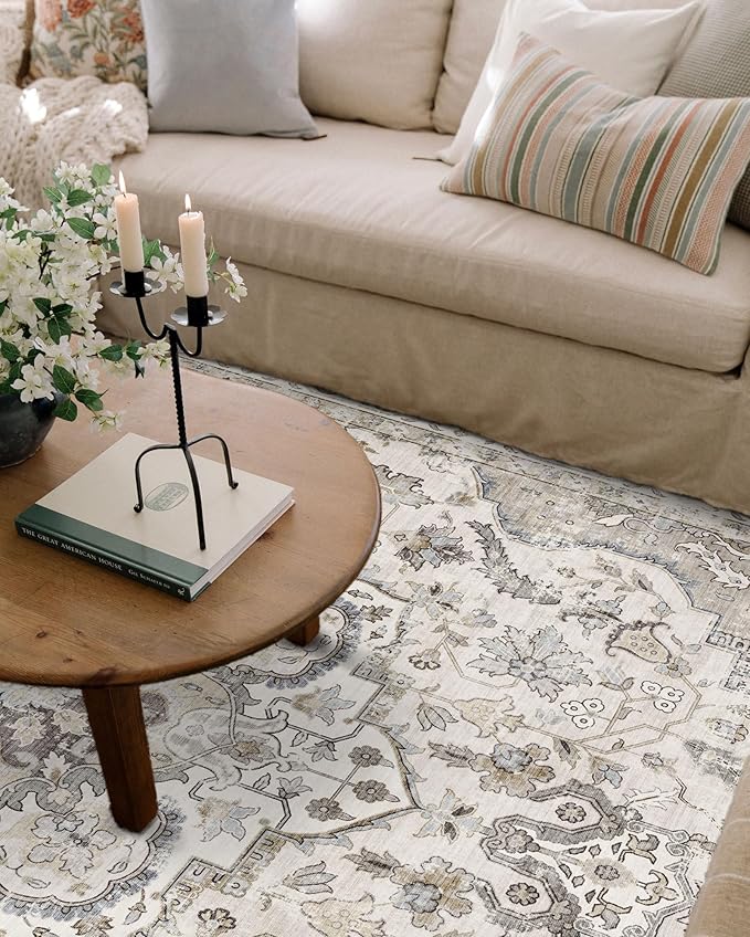 Washable Area Rug 8x10 - Large Cream Boho Rugs for Living Room Soft Vintage Bedroom Rug Ultra-Thin Farmhouse Oriental Distressed Carpet Non Slip Rug for Dining Room Guest Room Home Decor