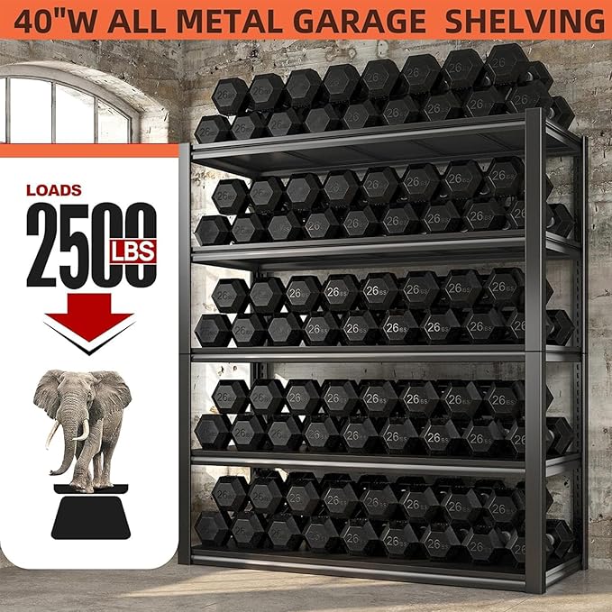 REIBII Garage Shelving Heavy Duty 2500LBS Storage Shelves 40" W Garage Shelves Heavy Duty Shelving Metal Shelves for Warehouse, Basement, Pantry, 40" W x 17.7" D x 72.2" H