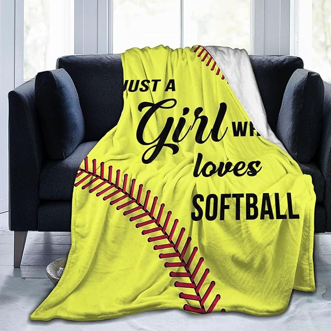 Just A Girl Who Loves Softball Blanket Soft Team Throw Blanket Fleece Comfy Yellow Plush Flannel Softball Travel for Outdoor Couch Sofa Birthday Gifts for Girls Kids - 60''x80''