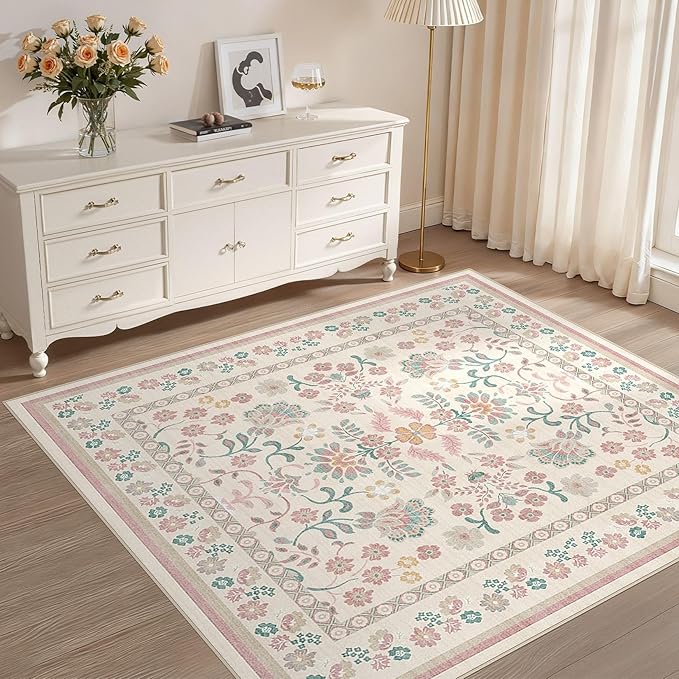 Square Area Rugs : Washable 5x5 Floral Carpet for Living Room Bedroom - Soft Floor Mat with Non Slip Backing for Kitchen Nursery Dorms Farmhouse Home Decor - Pink