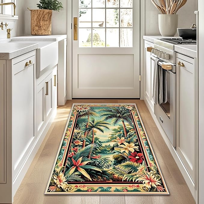 3x5 Tropical Rainforest Area Rugs Boho Forest Rug for Bathroom Kitchen Entryway Indoor Soft Non-Slip Thin Hippie Carpet Small Green Doormat for Office Dining Room Under Table Washable Machine