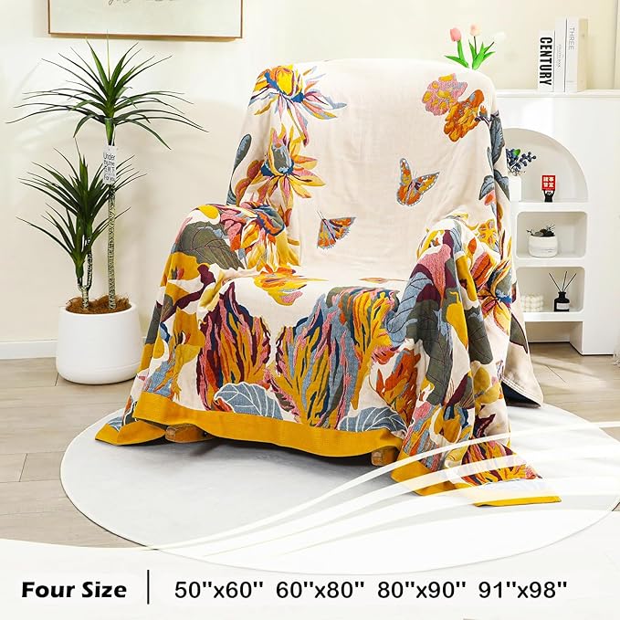 Boho Throw Blanket 60" x 80", 100% Organic Cotton Skin-Friendly Lightweight Ultra Soft Bed Quilt Throw - Fall Floral Butterfly Farmhouse Decor Blanket for Sofa Couch Chair and Gift.