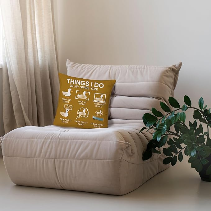 Funny Duck Throw Pillow Covers 18 x 18-Things I Do in My Spare Time Duck Decorative Pillow Covers,Funny Duck Gifts,Duck Gifts for Duck Lovers,Duck Themed Gifts for Women (Mustard Yellow)