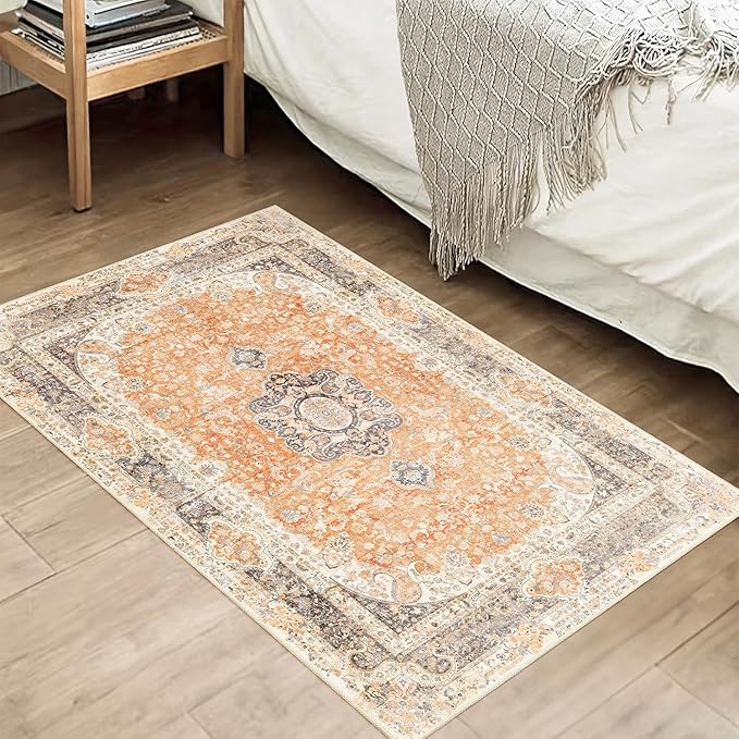 Small Rugs 2x3,Boho Rug for Entryway Bathroom Bedroom Kitchen Entrance Doormat,Vintage Bohemian Distressed Washable Accent Floor Throw Carpet Non Slip,Retro Orange Grey Floral