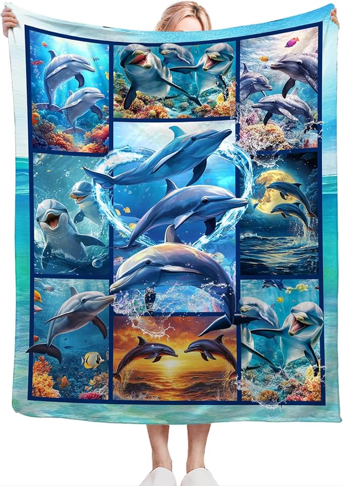 Dolphin Blanket Ultra Soft Cozy Dolphin Throw Blanket Fleece Fuzzy Plush Bedding Marine Life Lovers Gifts for Women Girls Kids Adults Couch Sofa 50"x40"