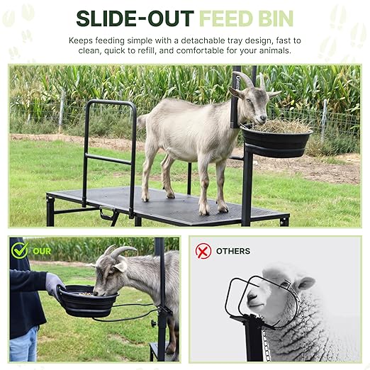 Goat Stand with Adjustable Headpiece & Legs, Goat Milking Stand with Feeder, Rails & Wheels, Stanchion for Grooming & Hoof Trimming, Sheep Stand for Shearing Heavy-Duty Steel Platform, Black