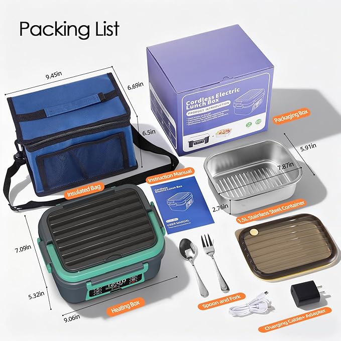 Cordless Electric Lunch Box, Odopok 6.3 Cup 100W Heated Lunch Box with 20000mAH Battery Powered for Self Heating, Including Fork Spoon and Insulated Bag for Men Women Adults, BPA Free(Grey+Lake Green)