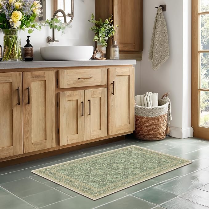 Sage Green Small 2x3 Rug, Boho Floral Moroccan Printed Door Rugs for Entryway Indoor, Washable Non Slip Low Pile Thin Soft Door Mat Indoor Entrance for Kitchen Bathroom Laundry Room Bedside