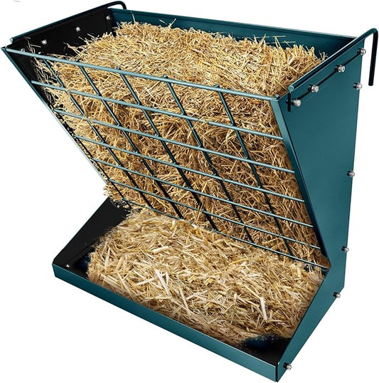 Wall Mount Hay Rack, Heavy-Duty Galvanized Metal 2 in 1 Hay and Grain Feeder, Livestock Feeder with Adjustable Distance, Hay Feeder for Goats, Sheep, Horse