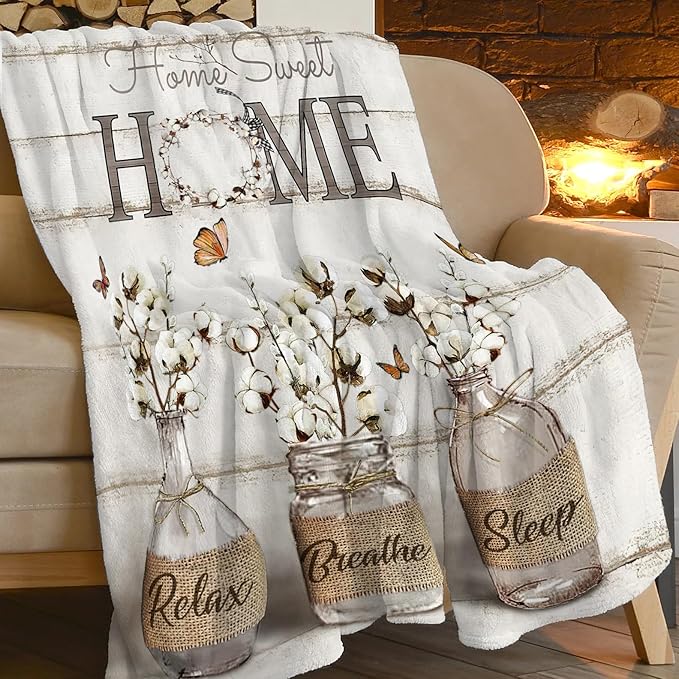 Farmhouse Floral Blanket for Women Girls Ultra Soft Cozy Cotton Flower Throw Blanket Fleece Fuzzy Plush Bedding Blanket Flower Gifts for Women Girls Kids Adults Couch Sofa 60"x50"