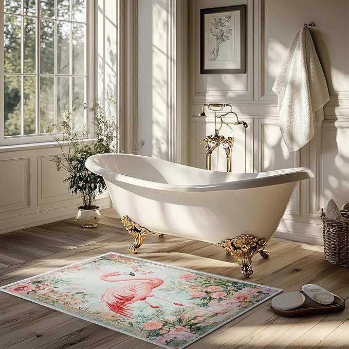 2x3 Flamingo Area Rugs Boho Floral Tropical Rug for Bathroom Kitchen Entryway Indoor Soft Non-Slip Thin Hippie Carpet Small Flower Doormat for Office Dining Room Under Table Washable Machine