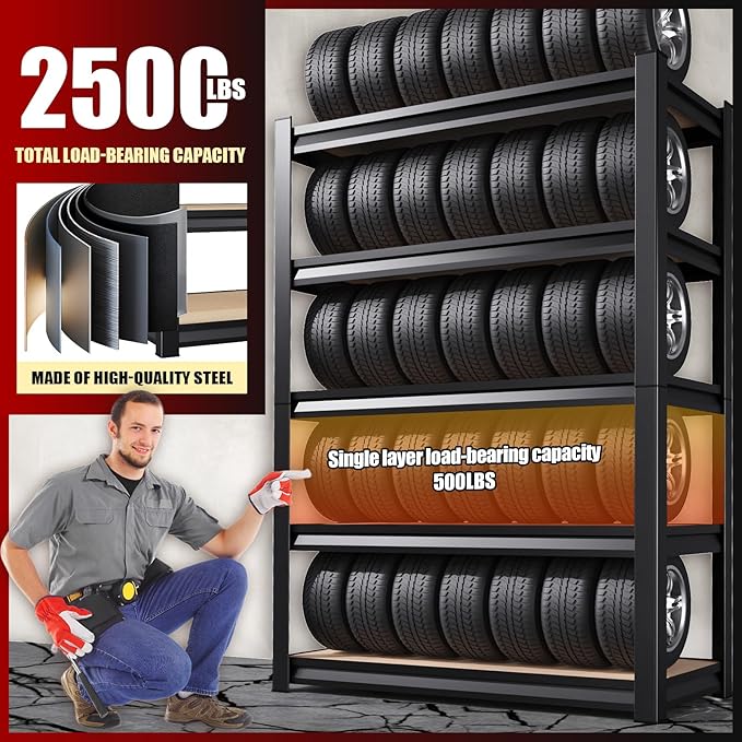 72''H/45''W Garage Shelving Heavy Duty 5-Tier Adjustable Storage Shelves Unit,2500 LBS Metal Utility Rack Shelf for Industries, Warehouses, Basement,Black