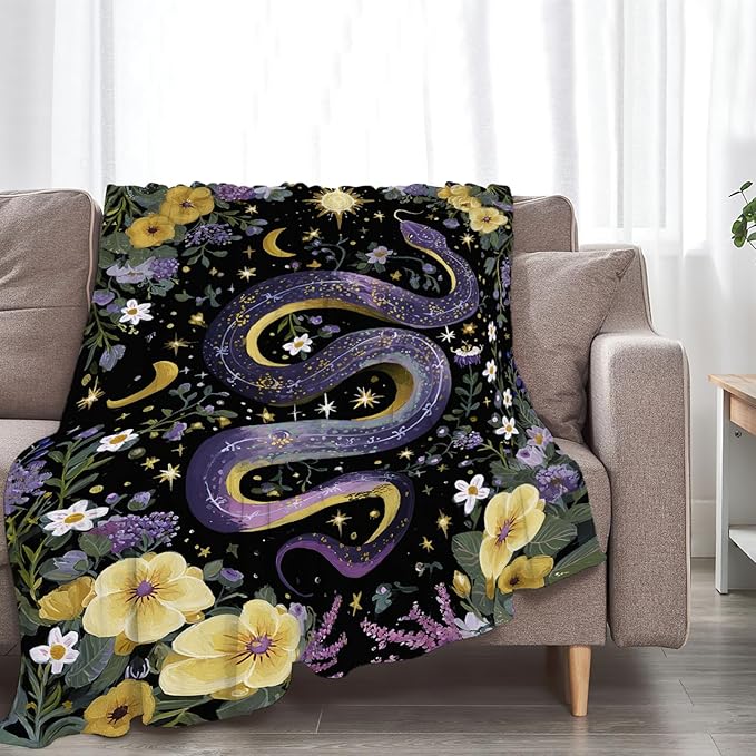 Purple Snake Blanket Fantasy Floral Reptiles Throw Blankets Gifts for Girls Boys Kids Snake Lover Soft Cozy Fleece Plush for Couch Sofa Bed 80"x60"