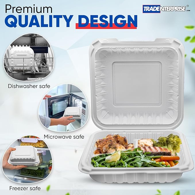 To Go Food Containers, Reusable 150 Pack 8 Inch 3 Compartment White Clamshell Take Out Food Boxes MFPP Meal Prep Container BPA Free Microwave Freezer Safe Plastic Hinged 34 OZ