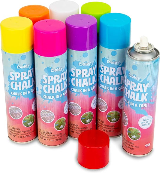 Boley Spray Chalk – 8 Pack Washable Chalk Spray Paint, 7 oz Each, Non-Toxic, Vibrant Outdoor Colors for Pavement, Grass, Sand & Snow – Fun Gift for Teens & Families, Ages 14+