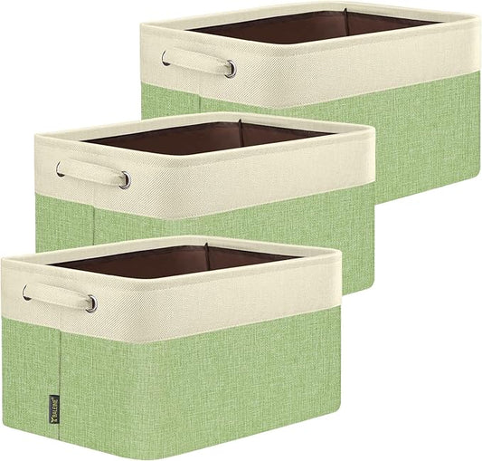 BALEINE 3 Pack Fabric Storage Bins for Shelves, Linen Storage Baskets for Organizing, Decorative Closet Bins for Clothes, Home (Green, 17''x13''x10.5'')
