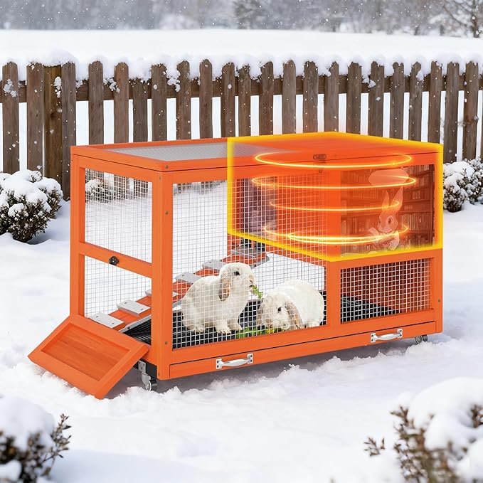 COZIWOW 36.5-Inch Double-Decker Wooden Insulated Rabbit Hutch with Wheels, Heated Rabbit Cage Featuring A Cleaning Tray and Ladder—Stylish&Easy to Assemble（Orange and Warm）