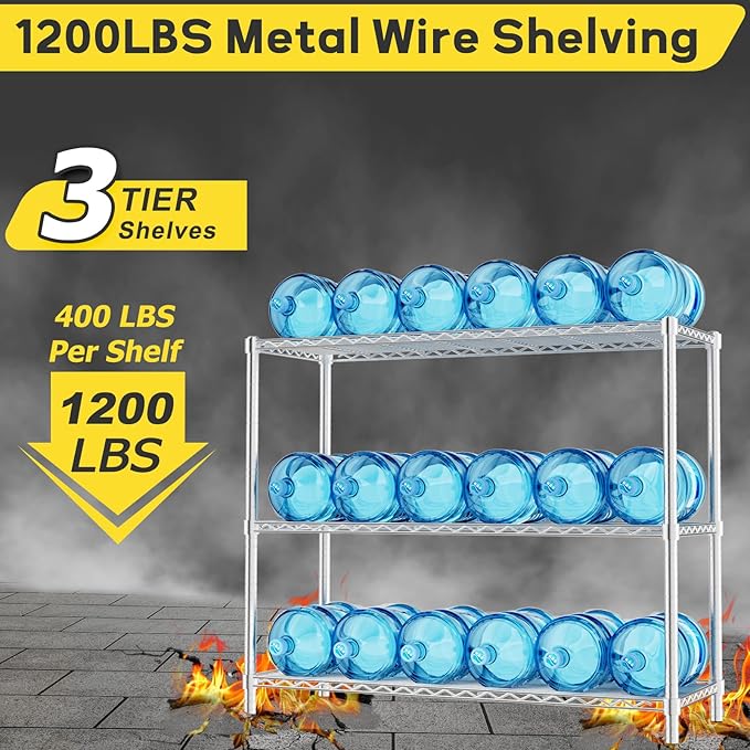 Storage Shelves, 4 PCS 48" L x 20" W x 47" H Heavy Duty Garage Wire Shelving Unit Loads 1200LBS, 3-Tier Adjustable Metal Industrial Utility Shelf Rack for Kitchen, Laundry Room, Basement