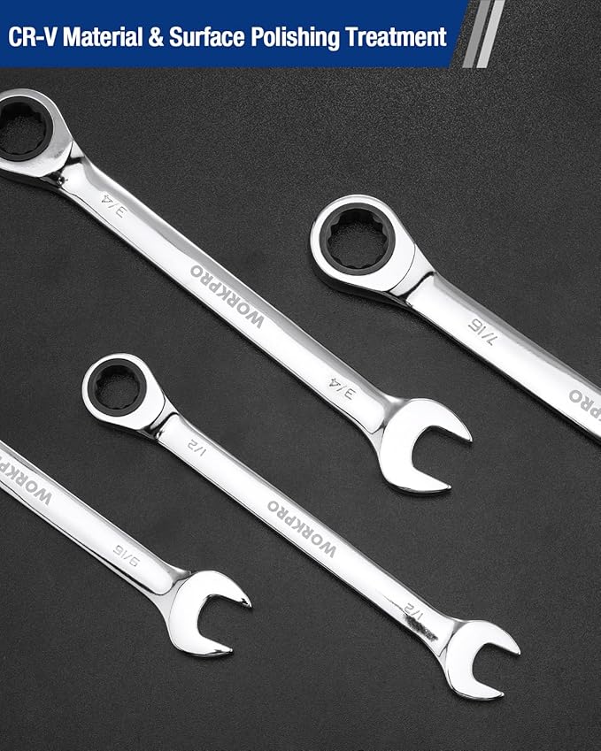 WORKPRO 19 mm Ratcheting Combination Wrench Metric, CR-V Constructed with Mirror Polish Chrome Plating, 12-Point Design, 15-Degree Offset