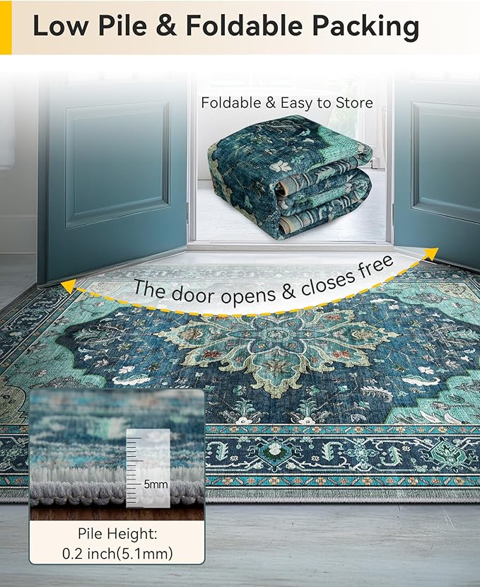 Area Rugs 3'x10' Washable Non-Slip, Floral Vintage Distress Print Pattern Medallion Carpet for Living Room Bedroom Dining Room, Teal Green Lake Blue Turquoise