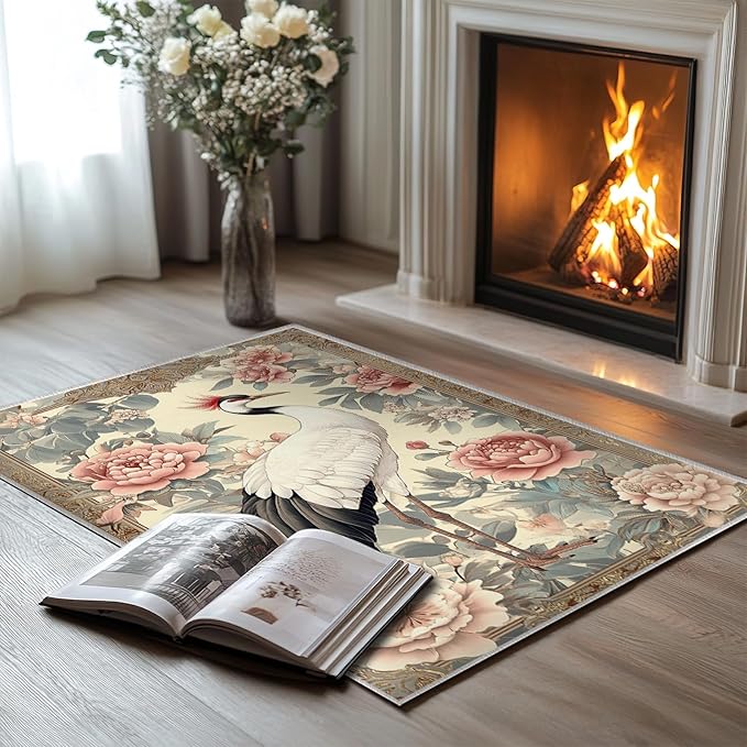 2x3 Crane Area Rugs Boho Japanese Crane Floral Rug for Bathroom Kitchen Entryway Indoor Soft Non-Slip Thin Hippie Carpet Small Beige Doormat for Office Dining Room Under Table Washable Machine