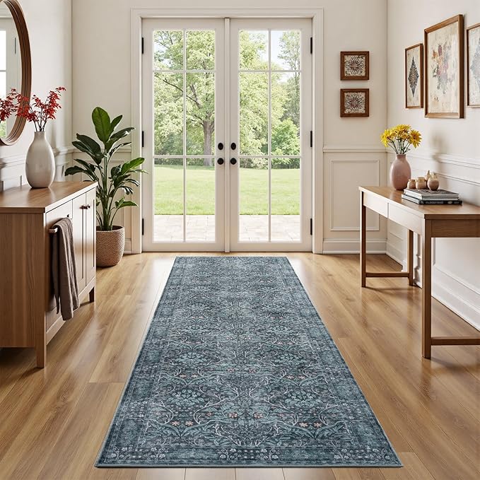 Retro Green Runners for Hallways,2x6 Washable Kitchen Runner Rug，Vintage Soft Low Pile Long Carpet for Kids Room Non-Slip Stain Resistant Runner for Bathroom Hall Kitchen Office Stair