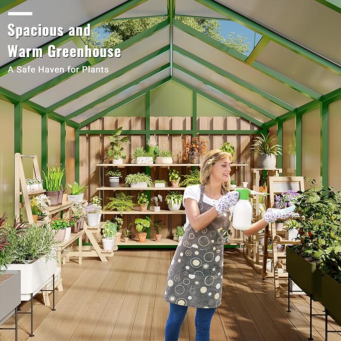 Greenhouse, 8x12 Ft Outdoor Greenhouses, Accessible Green House with Roof Vents and Sliding Doors, Aluminum Frame Polycarbonate Greenhouses, Large Greenhouse for Outdoor Gardens and Backyards, Green