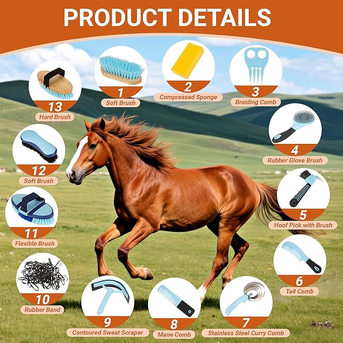 Horse Grooming Kit, 14-in-1 Professional Horse Brush Supplies Set for Grooming & Care, with Horse Brushes, Curry Comb, Hoof Pick & Waterproof Storage Tote Bag for Shining, Detangling, Massaging