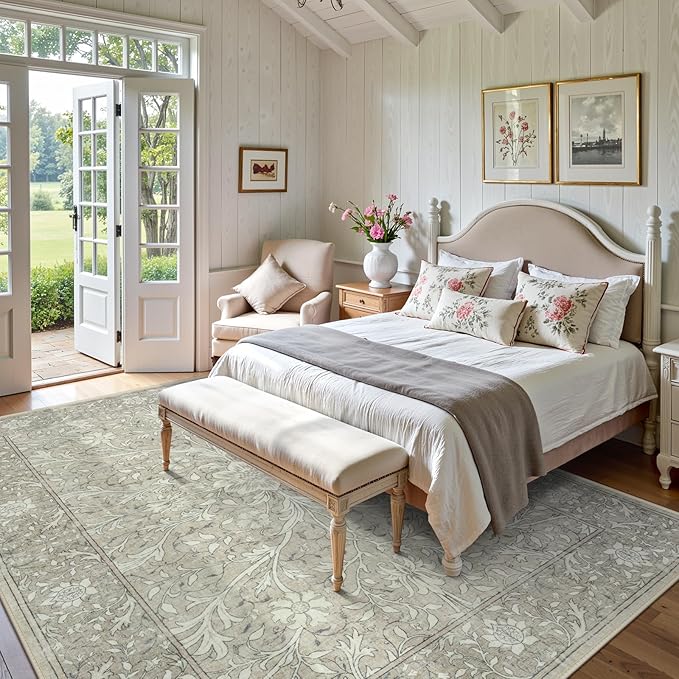 Collive 8x10 Area Rugs for Living Room, Washable Neutral Hand-Painted Floral Bedroom Rug, Vintage Distressed Non Slip Low Pile Large Carpet, Soft Retro Dining Room Office Rug, Taupe