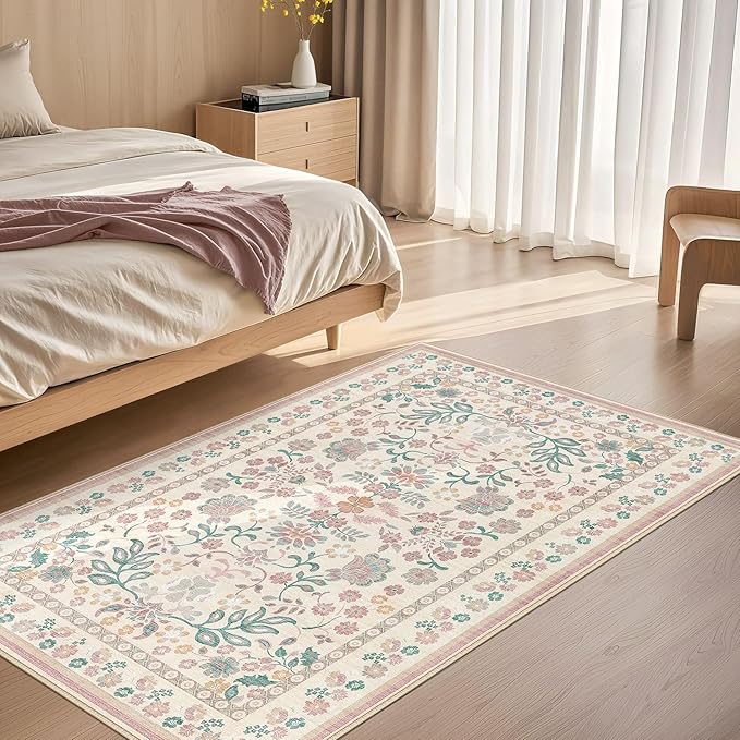 3x5 Area Rug Living Room Rugs - Washable Boho Vintage Floral Large Soft Non Slip Thin Rug Low Pile Carpet for Bedroom Dining Room Kids Playroom Office Decor Indoor- Pink