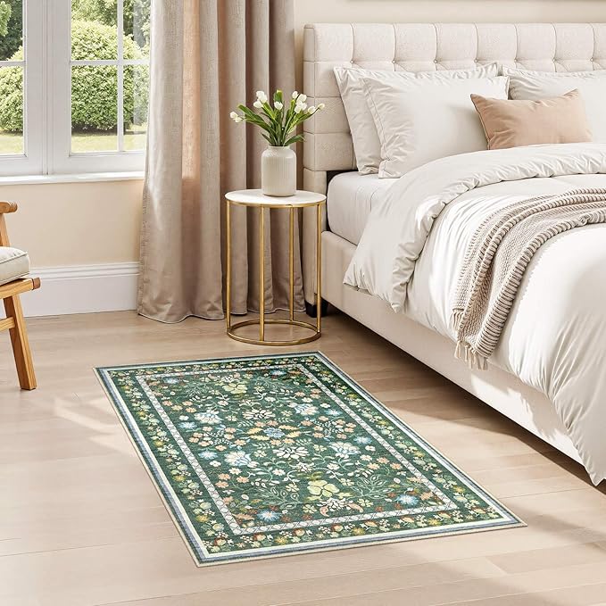 Door Mat Entrance Rug: 2x3 Washable Area Rug Boho Floral Small Rug - Non-Slip Low Pile Throw Indoor Carpet for Entryway Kitchen Front Door Bathroom Entry Kids Room - Green