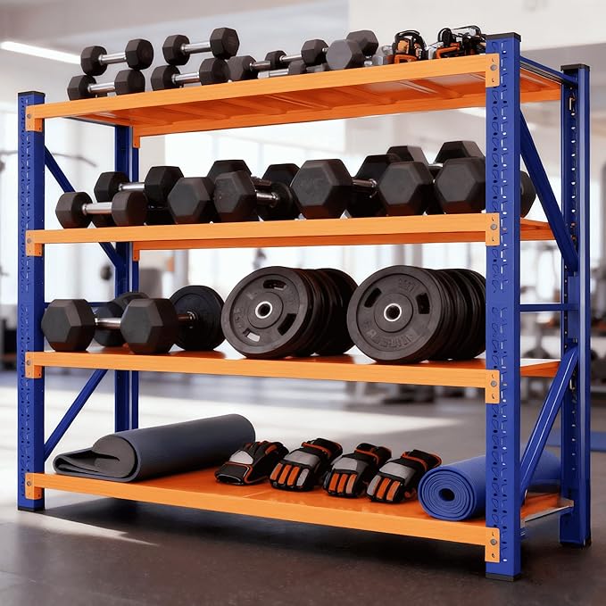 4-Tier Storage Shelves,79" H Heavy-Duty Garage Shelving Unit,Adjustable Metal Industrial Shelf System,4,000lbs Capacity,Tool Organizer for Garage,Workshop,60" W x 24" D x 79" H,Blue&Orange