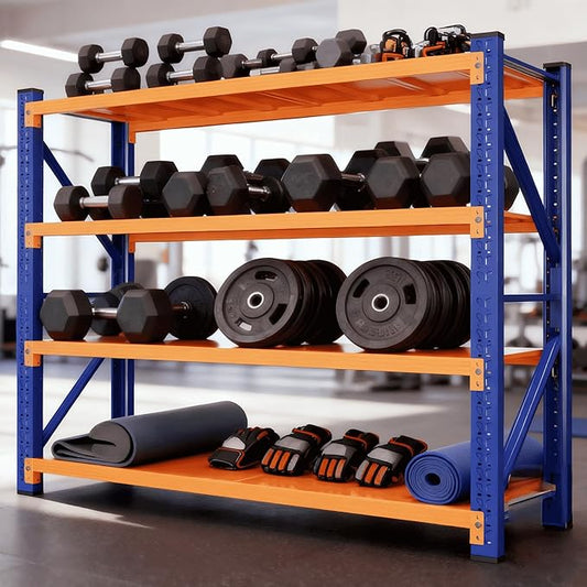 4-Tier Storage Shelves,79" H Heavy-Duty Garage Shelving Unit,Adjustable Metal Industrial Shelf System,4,000lbs Capacity,Tool Organizer for Garage,Workshop,60" W x 24" D x 79" H,Blue&Orange