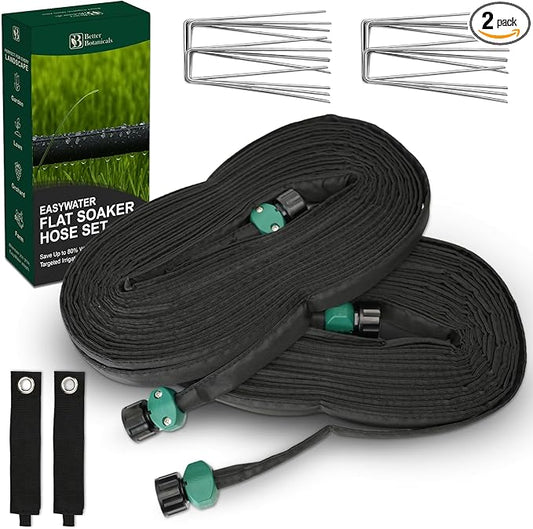 Soaker Hose 100+ ft Drip Hose with 16 Steel Stakes, 2 Storage Straps, Pre-Installed End Caps – Complete Irrigation System for Garden – Expandable Watering System Soaker Hoses