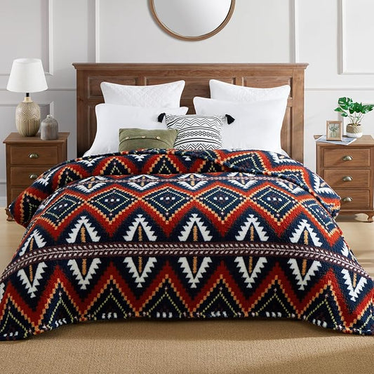 CASAAGUSTO Boho Sherpa Throw Blanket, Aztec King Size Blanket, Ultra Soft, Warm, Cozy, Plush, Thick Fleece Bohemian Throw Blanket for Couch, Bed, Sofa (Navy 108 * 90 Inch)