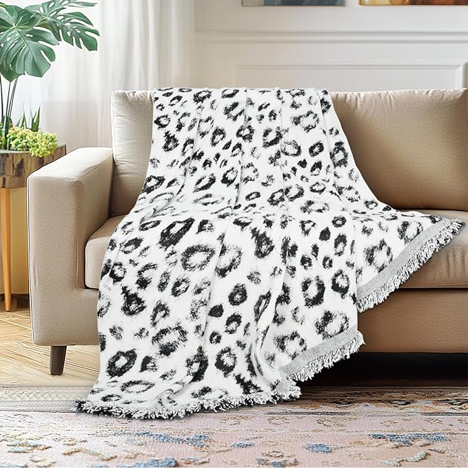 MACEVIA Boho Throw Blanket for Bed, Snow Leopard Printed Blanket, Woven Boho Blankets and Throws with Tassel for Couch Sofa, All Season Home Decor Cheetah Blanket (Snow Leopard 50"×70")