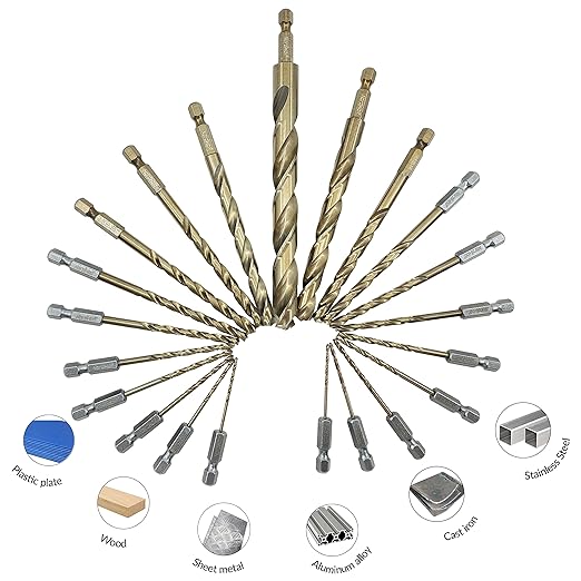NordWolf 21-Piece M35 Cobalt Drill Bit Set for Stainless Steel, Hard Metals & Cast Iron, Jobber Length with 1/4" Hex Shank, SAE Sizes 1/16" to 1/2" in Storage Case